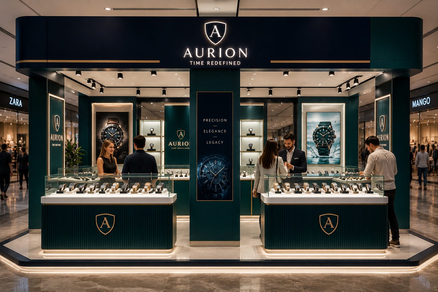 AURION konsept tasarımı — Marka duvarı ve tezgah