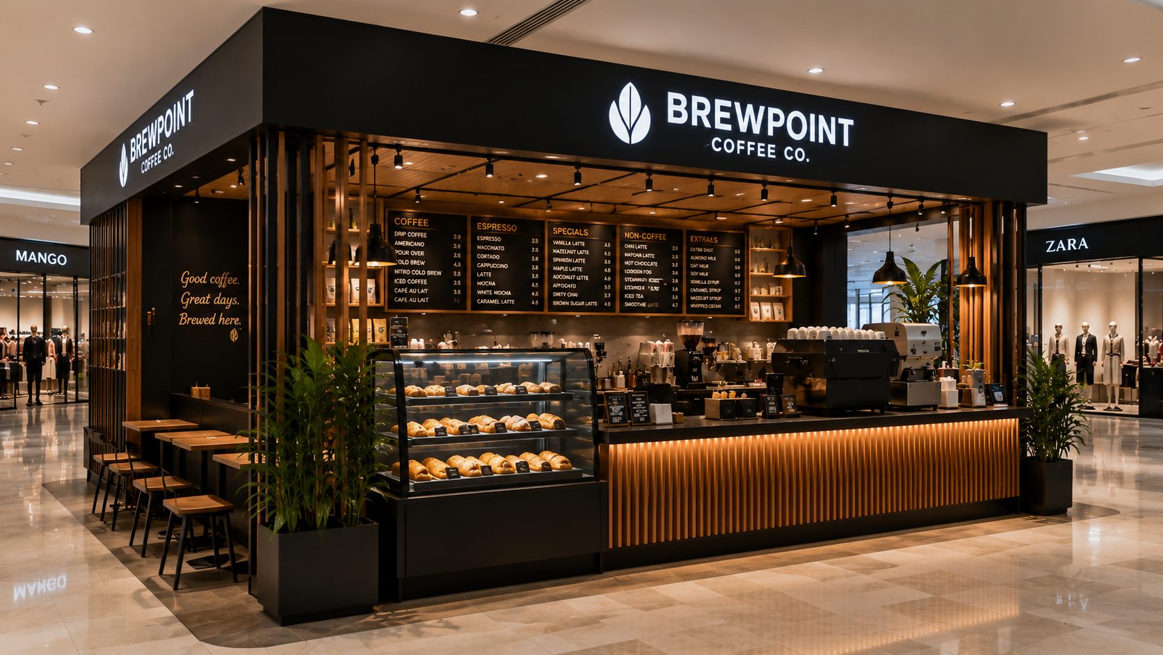 BREWPOINT konsept tasarımı — Tezgah ve servis alanı