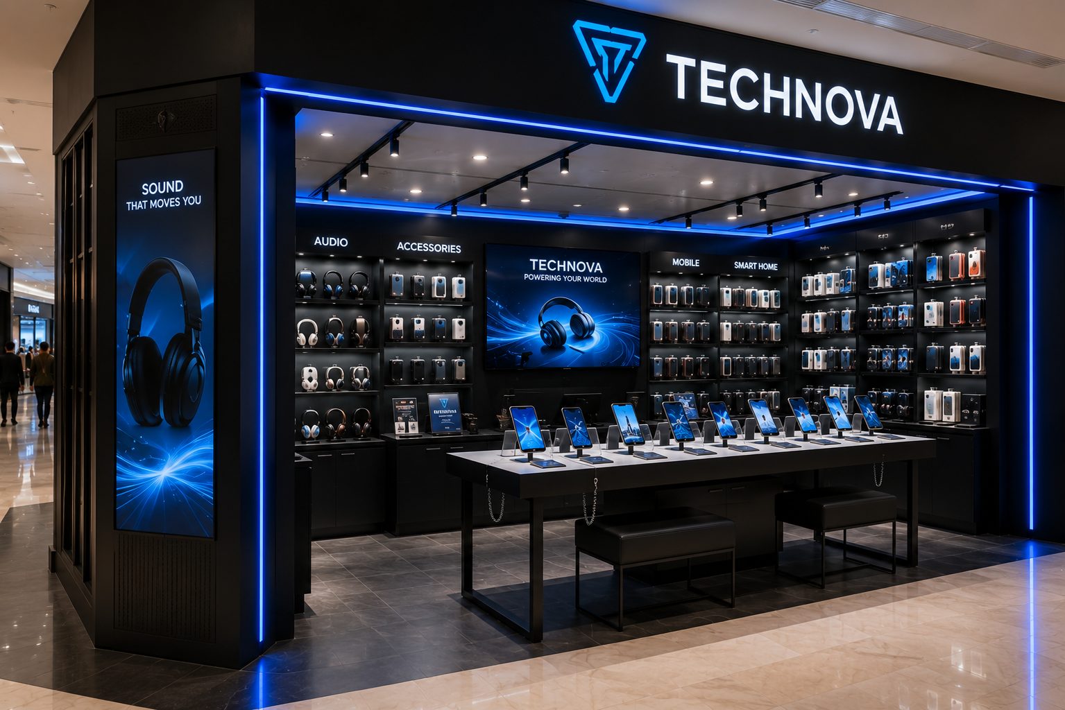 TECHNOVA konsept tasarımı — Ürün duvarı ve teşhir