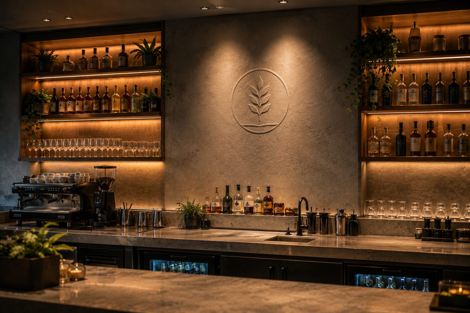 Kafe bar arkası — aydınlatmalı raflar, cam eşya ve marka duvarı