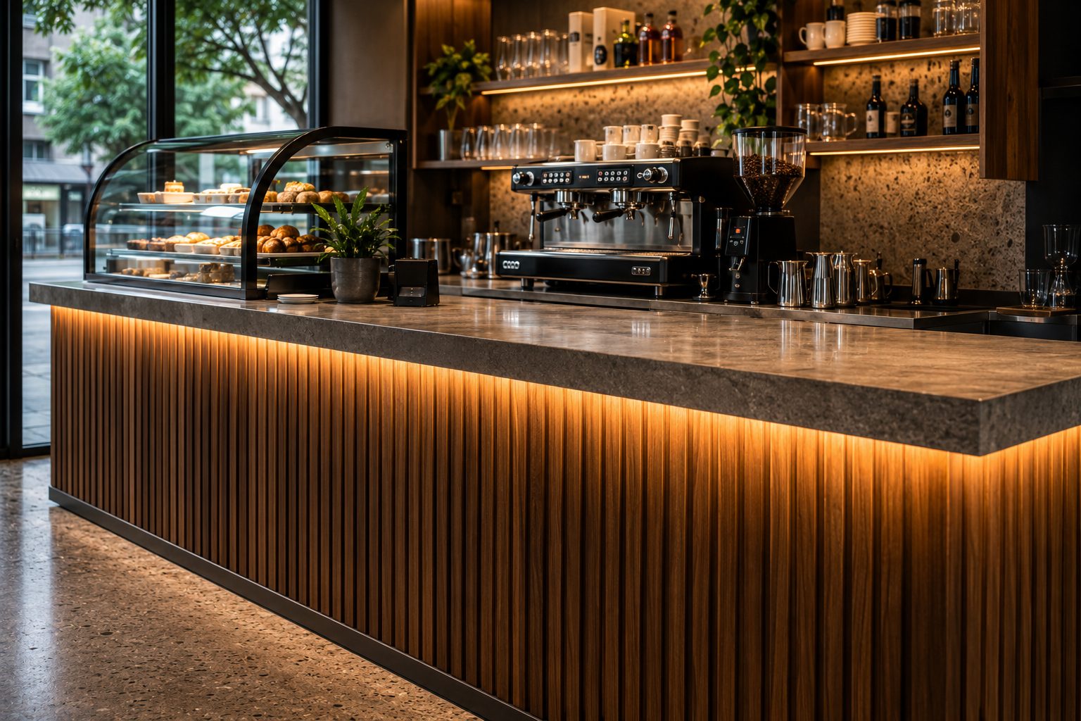 Kafe bar tezgahı — fluted ceviz ön panel, LED aydınlatma ve taş üst tabla