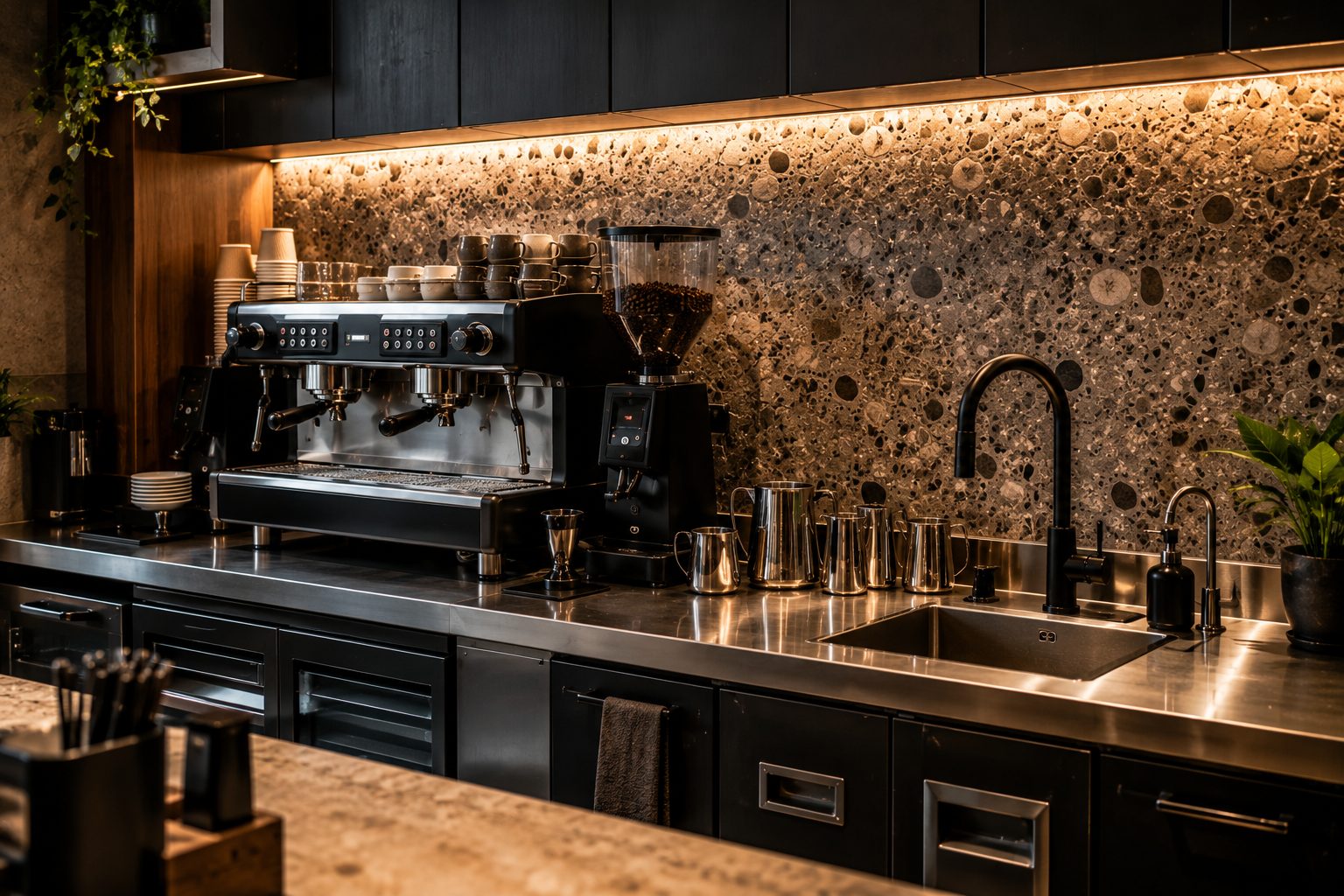 Kafe barista çalışma alanı — espresso makinesi, değirmen ve paslanmaz tezgah