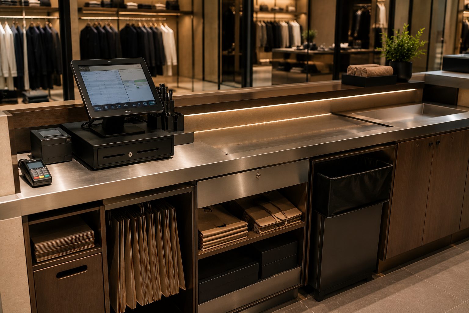 Kasa bankosu çalışma alanı — POS, paketleme ve depolama ergonomisi