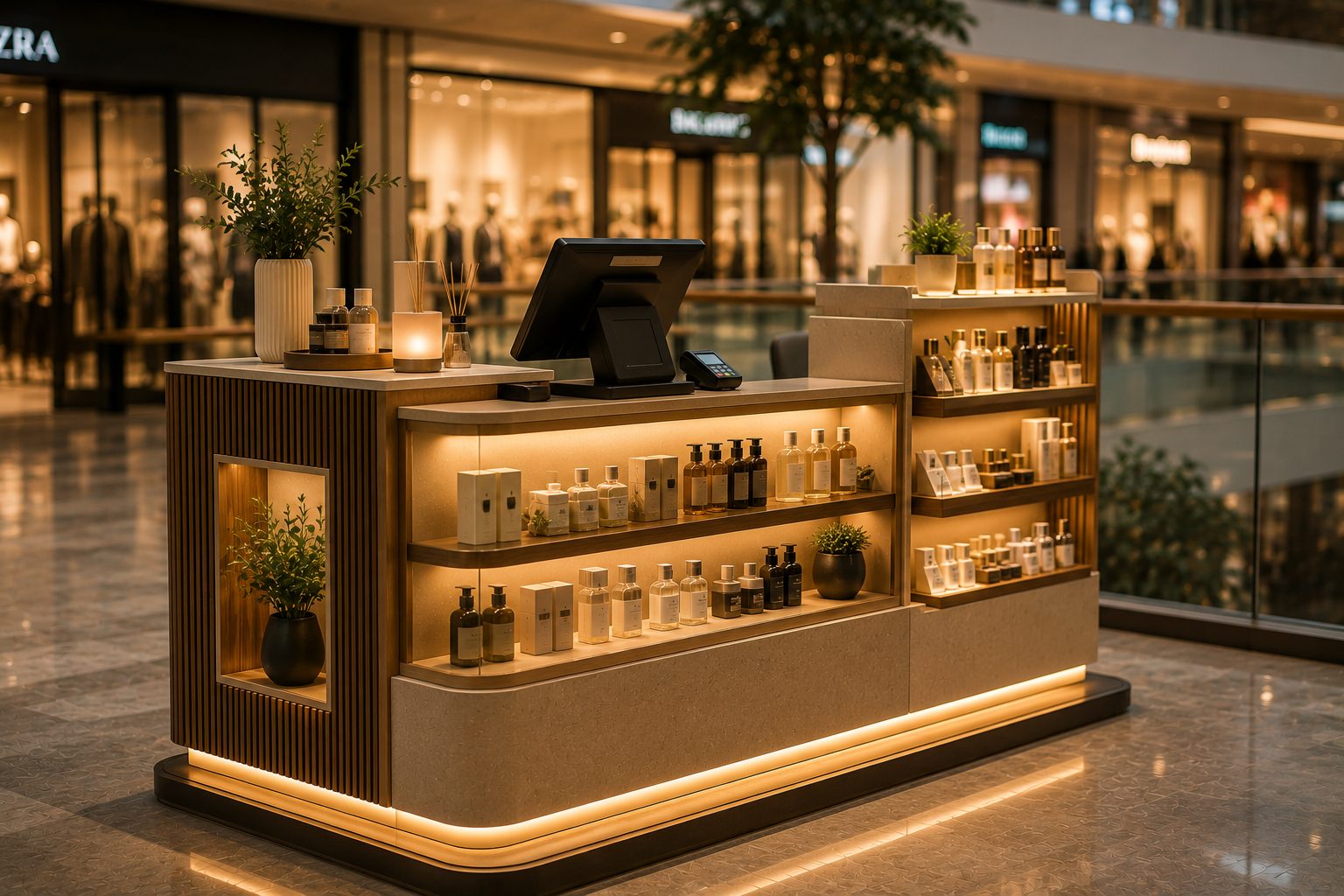 Kompakt satış tezgahı ve teşhir yüzeyleri — AVM kiosku
