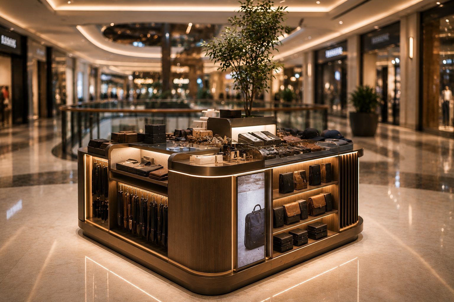 AVM içinde bağımsız kiosk/stand — aydınlatmalı, genel görünüm