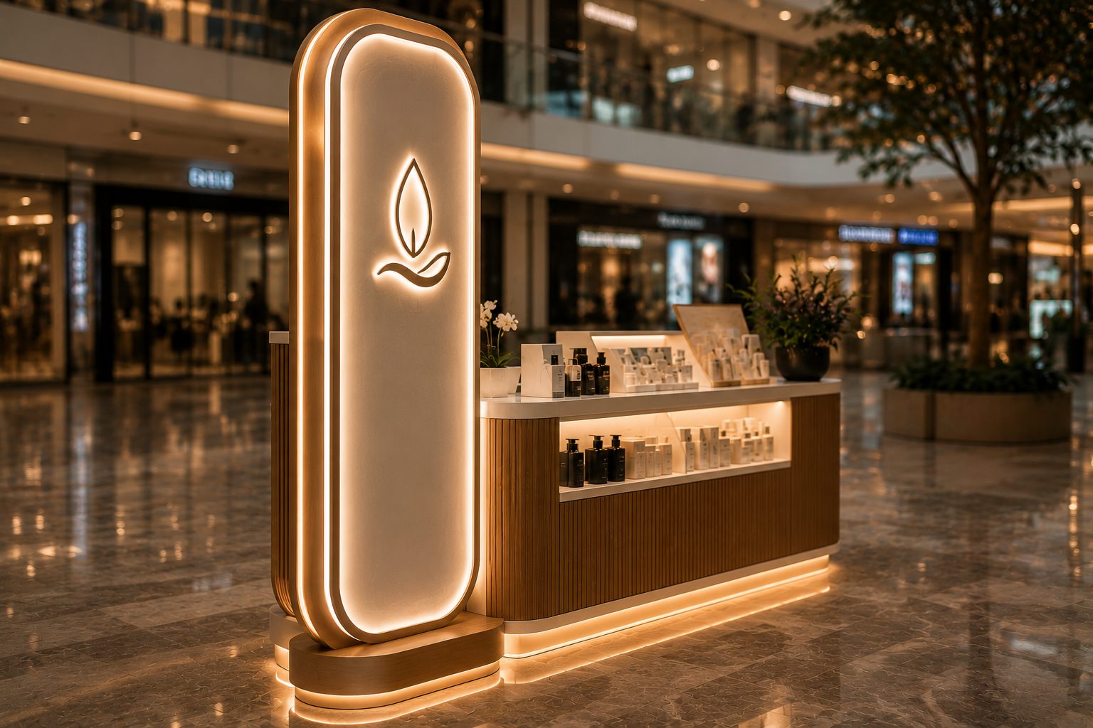 Aydınlatmalı marka totemi — yüksek logolu kiosk elemanı