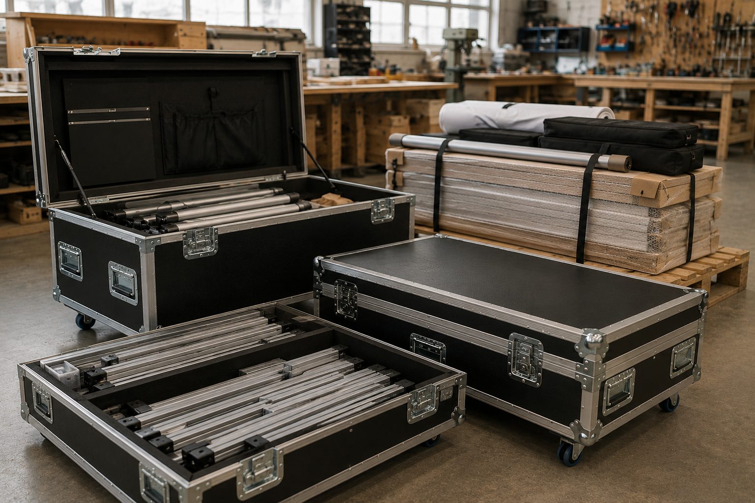 Taşıma flight-case'leri ve paketlenmiş stand parçaları