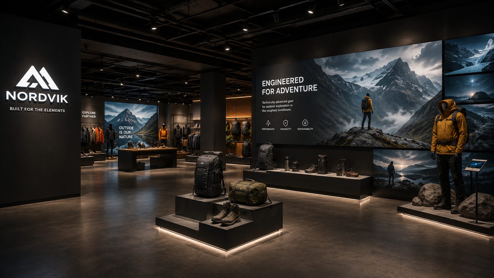 Brand experience center with story wall, integrated screens and hero product displays