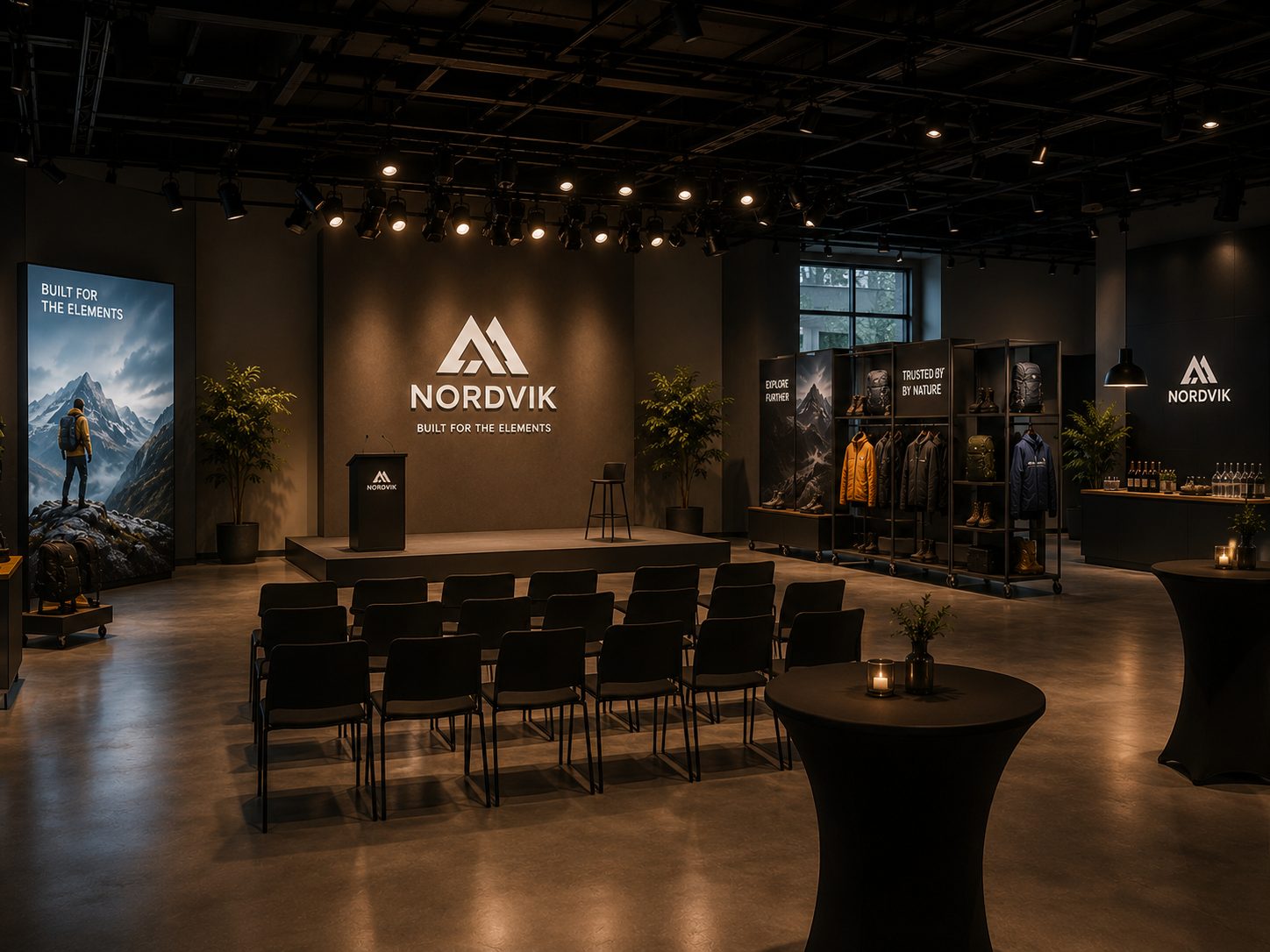 Launch and event zone with stage plinth and movable display modules
