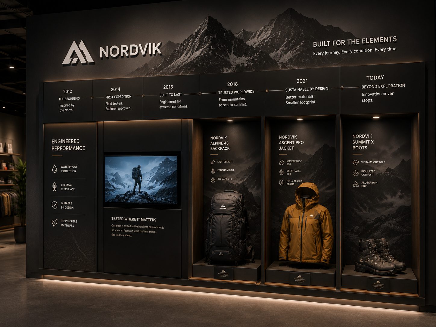 Product story wall with display niches, embedded screen and backlit graphics