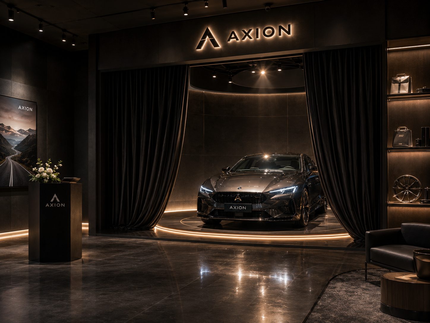 Vehicle handover area with curtain wall and ceremonial spot lighting