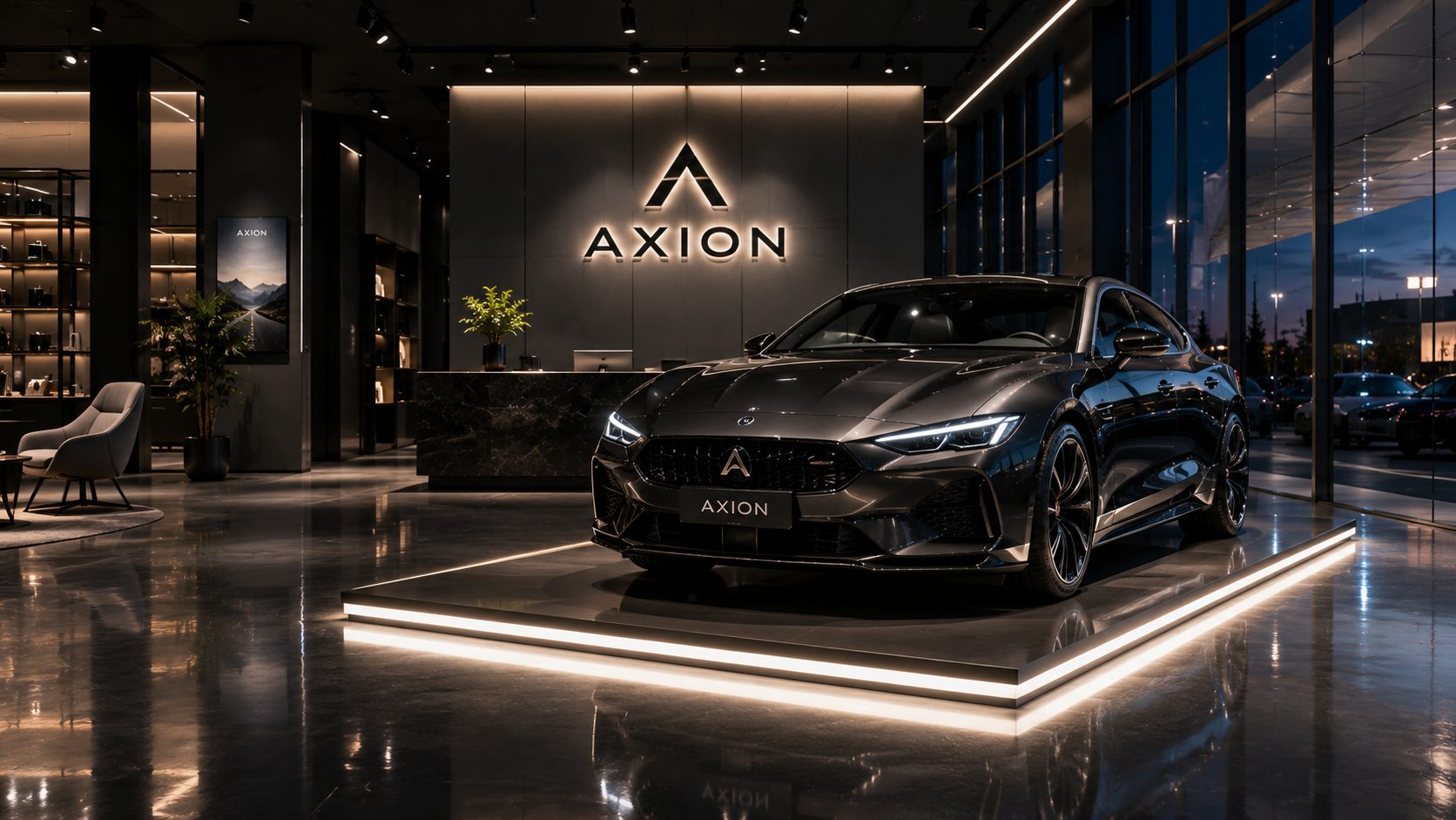 Car showroom floor with vehicle on an illuminated display platform and AXION brand wall
