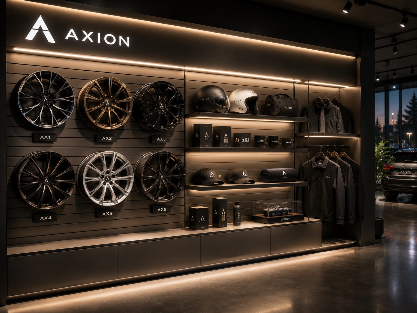 Dealership accessories wall with alloy wheels, helmets and merchandise