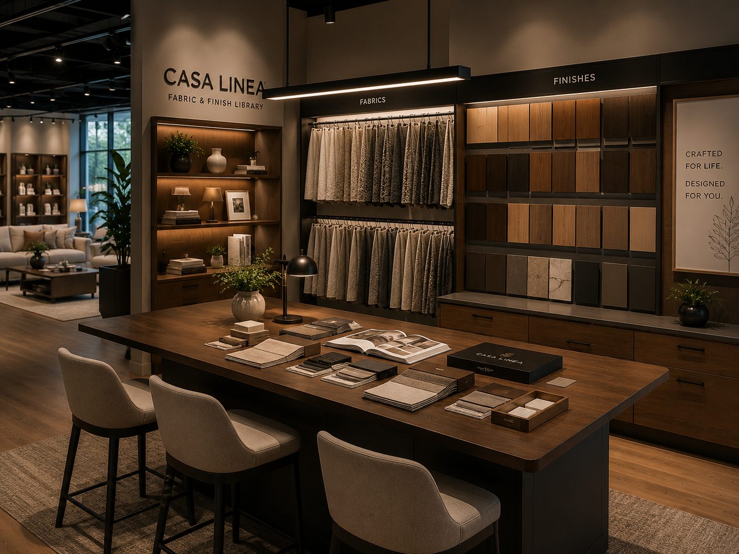 Fabric and finish sample station with swatch wall and worktable