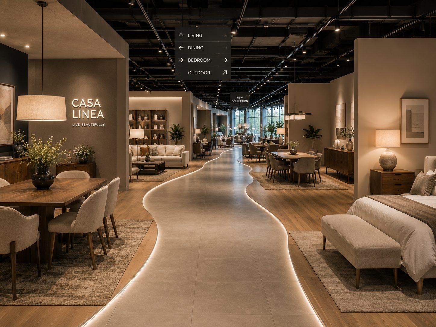 Showroom circulation route guiding past dining and bedroom vignettes