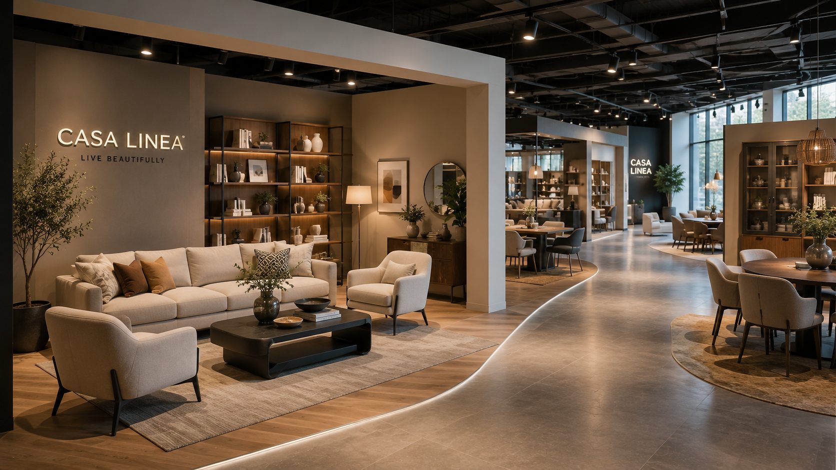Furniture showroom room setting with sofa, armchairs and shelving vignette