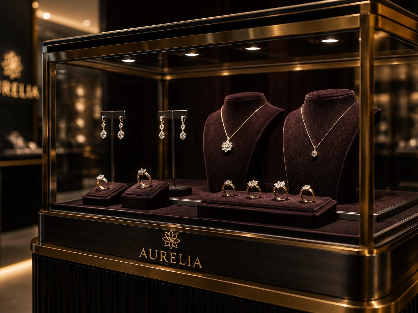 Jewellery display case detail with rings and necklaces under high-CRI spotlights