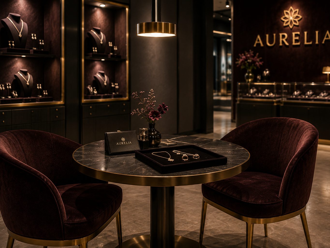 Private consultation table with velvet tray in a jewelry showroom