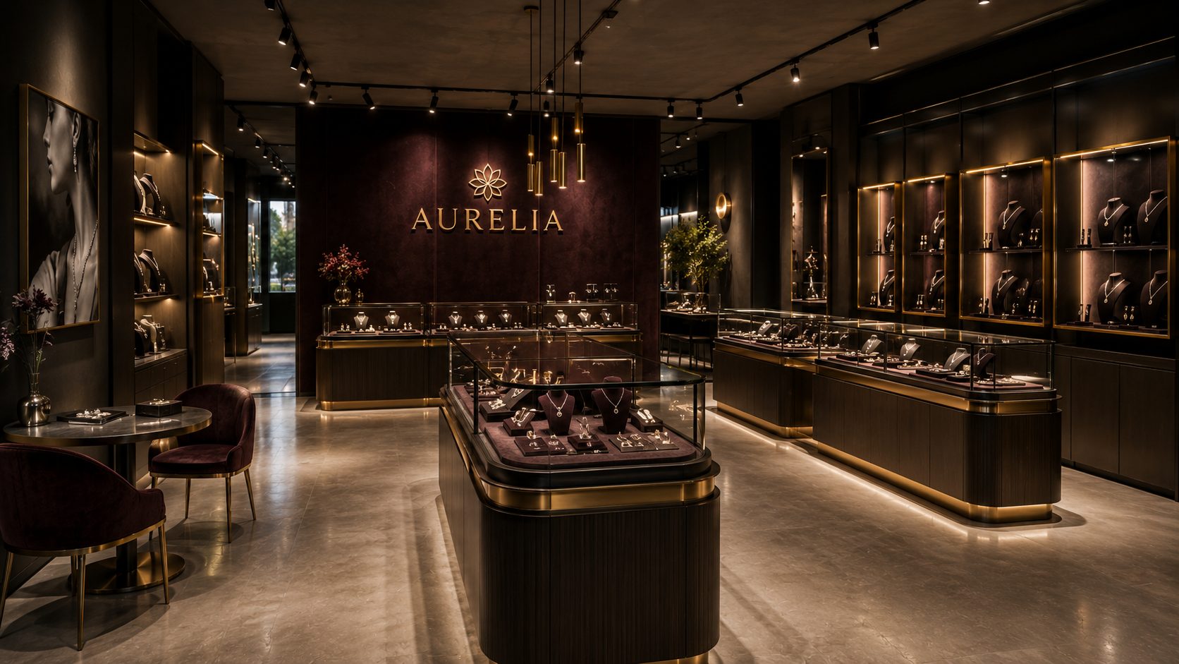 Jewelry showroom with island display cases and illuminated AURELIA logo wall