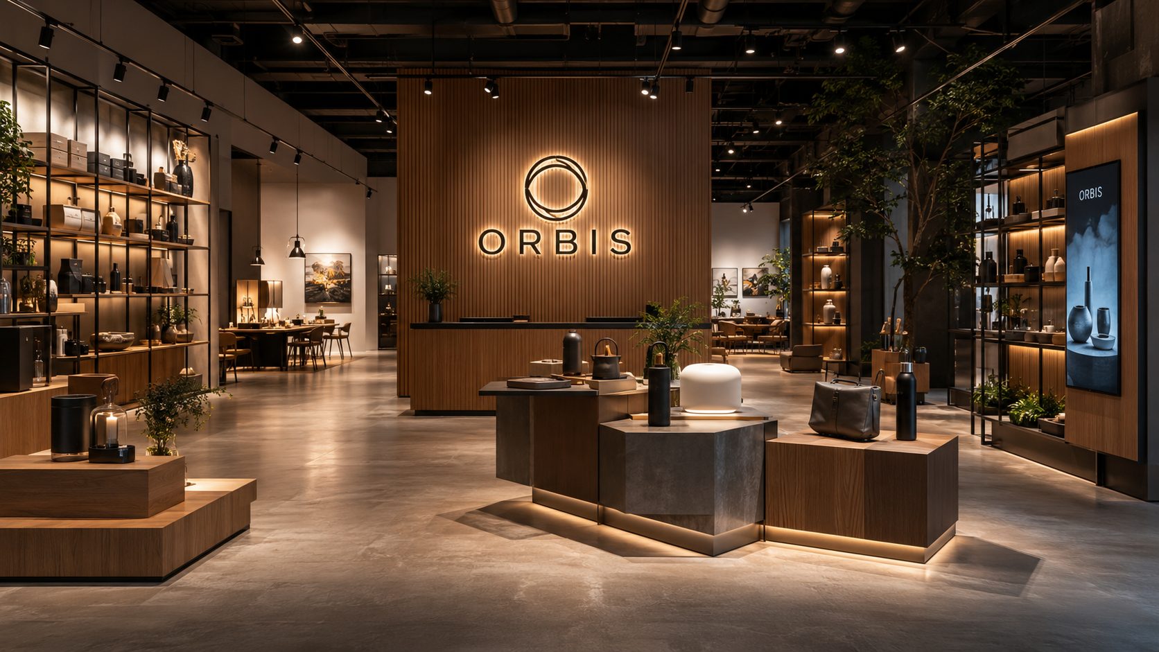 ORBIS brand showroom interior with custom display units and illuminated logo wall