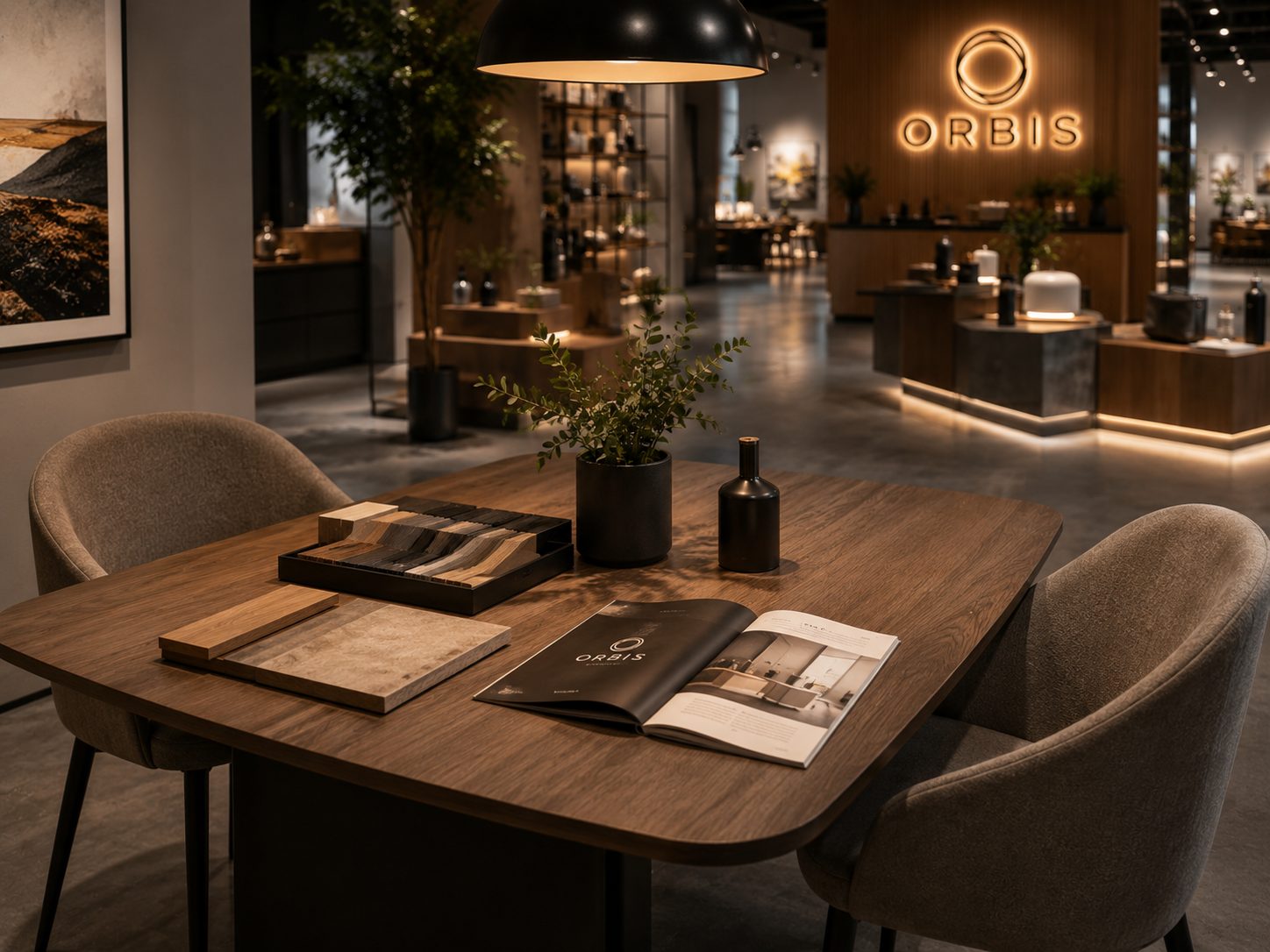 Showroom consultation corner with material samples and brochures