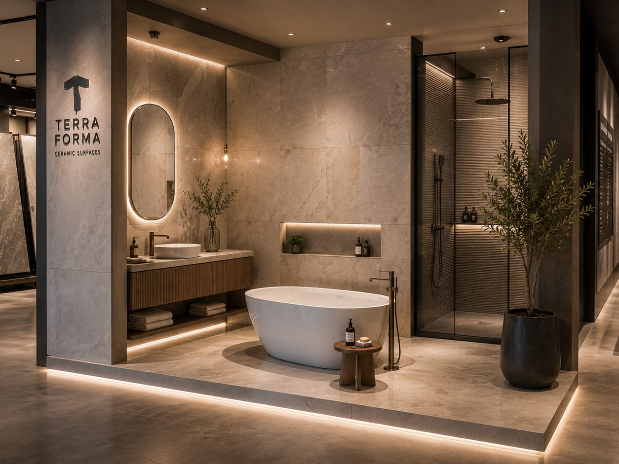 Live bathroom setting with tiled walls, freestanding bathtub and vanity