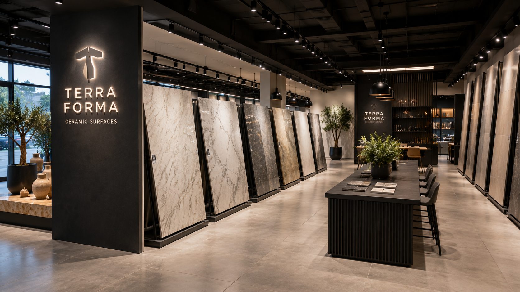 Tile showroom aisle with angled full-size waterfall display panels